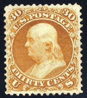 Prices of US Stamps Scott Catalog #110 - 1875 30c Franklin Without Grill. Cherrystone Auctions, Jan 2008, Sale 200801, Lot 1104