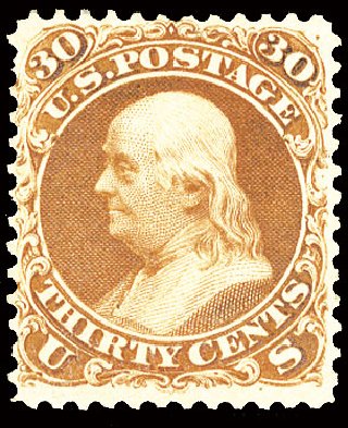 Price of US Stamps Scott Cat. #110 - 30c 1875 Franklin Without Grill. Cherrystone Auctions, Mar 2009, Sale 200903, Lot 94