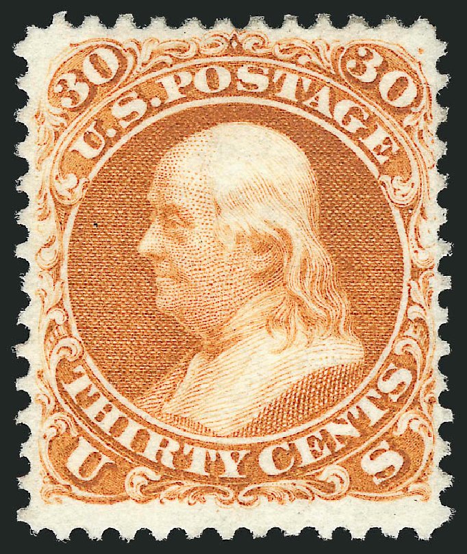 US Stamps Values Scott Cat. # 110 - 1875 30c Franklin Without Grill. Robert Siegel Auction Galleries, Oct 2010, Sale 997, Lot 5434