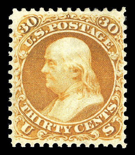 US Stamp Value Scott Cat. #110: 30c 1875 Franklin Without Grill. Matthew Bennett International, Sep 2012, Sale 345, Lot 142