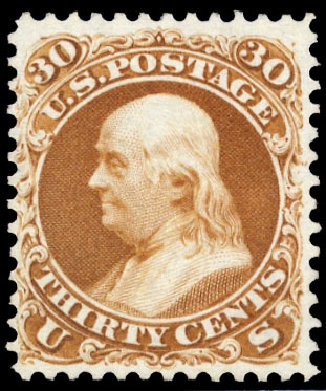 Price of US Stamps Scott Cat. 110 - 30c 1875 Franklin Without Grill. Cherrystone Auctions, Apr 2010, Sale 201004, Lot 142