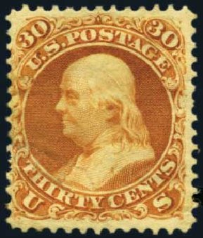 Prices of US Stamps Scott Cat. # 110: 30c 1875 Franklin Without Grill. Harmer-Schau Auction Galleries, Jan 2013, Sale 96, Lot 462