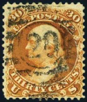 US Stamps Value Scott Catalogue #110: 1875 30c Franklin Without Grill. Harmer-Schau Auction Galleries, Jan 2013, Sale 96, Lot 463