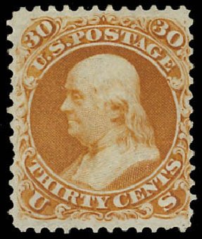 US Stamps Values Scott 110 - 1875 30c Franklin Without Grill. Daniel Kelleher Auctions, Aug 2012, Sale 631, Lot 806