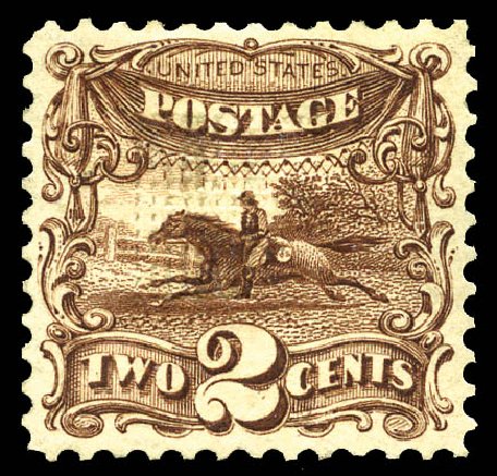 US Stamps Values Scott 113: 2c 1869 Pictorial Horse Rider. Matthew Bennett International, Mar 2012, Sale 344, Lot 4317