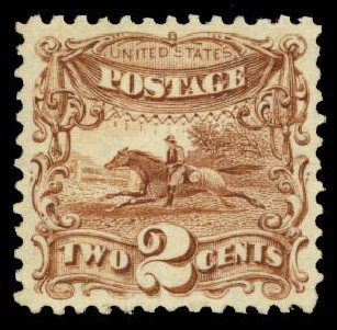 US Stamps Value Scott Catalog 113: 1869 2c Pictorial Horse Rider. Daniel Kelleher Auctions, Oct 2014, Sale 660, Lot 2128