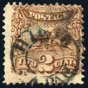 Values of US Stamps Scott Catalogue 113: 1869 2c Pictorial Horse Rider. Harmer-Schau Auction Galleries, Feb 2010, Sale 84, Lot 1371