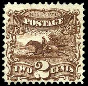 US Stamp Value Scott # 113: 1869 2c Pictorial Horse Rider. Harmer-Schau Auction Galleries, Oct 2013, Sale 99, Lot 141