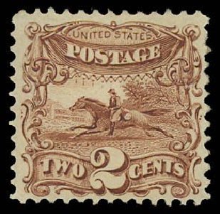Values of US Stamps Scott Catalog #113 - 1869 2c Pictorial Horse Rider. Daniel Kelleher Auctions, Apr 2013, Sale 636, Lot 131