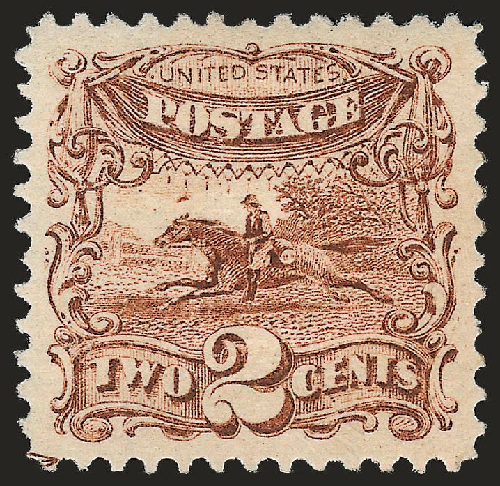US Stamps Values Scott # 113: 1869 2c Pictorial Horse Rider. Robert Siegel Auction Galleries, Dec 2008, Sale 967, Lot 4222