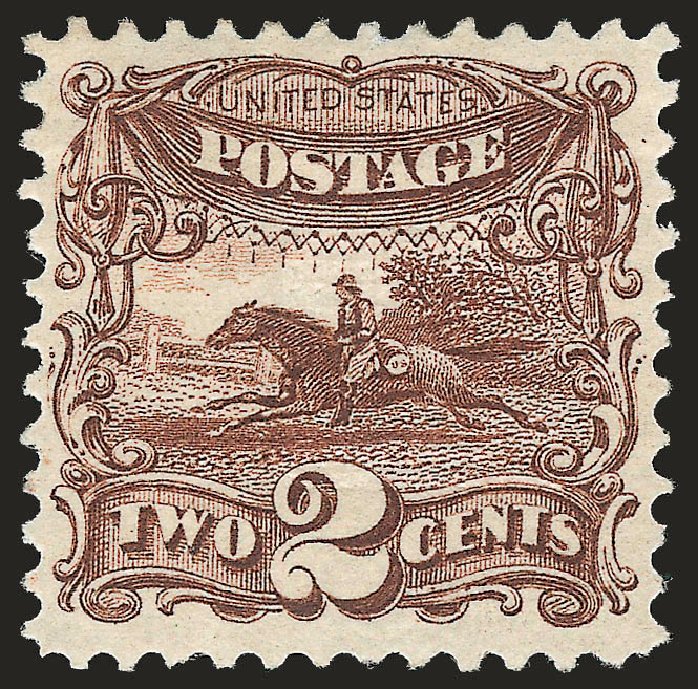 Value of US Stamp Scott Catalog # 113: 1869 2c Pictorial Horse Rider. Robert Siegel Auction Galleries, Jan 2009, Sale 968, Lot 142