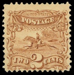 Value of US Stamp Scott Catalogue 113 - 2c 1869 Pictorial Horse Rider. Daniel Kelleher Auctions, Dec 2014, Sale 661, Lot 116