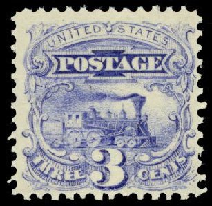 US Stamps Prices Scott Cat. 114 - 1869 3c Pictorial Locomotive. Daniel Kelleher Auctions, Dec 2013, Sale 640, Lot 127