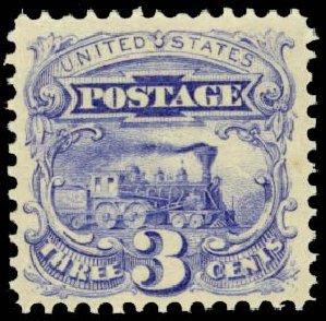 US Stamp Values Scott 114 - 3c 1869 Pictorial Locomotive. Daniel Kelleher Auctions, May 2014, Sale 652, Lot 235