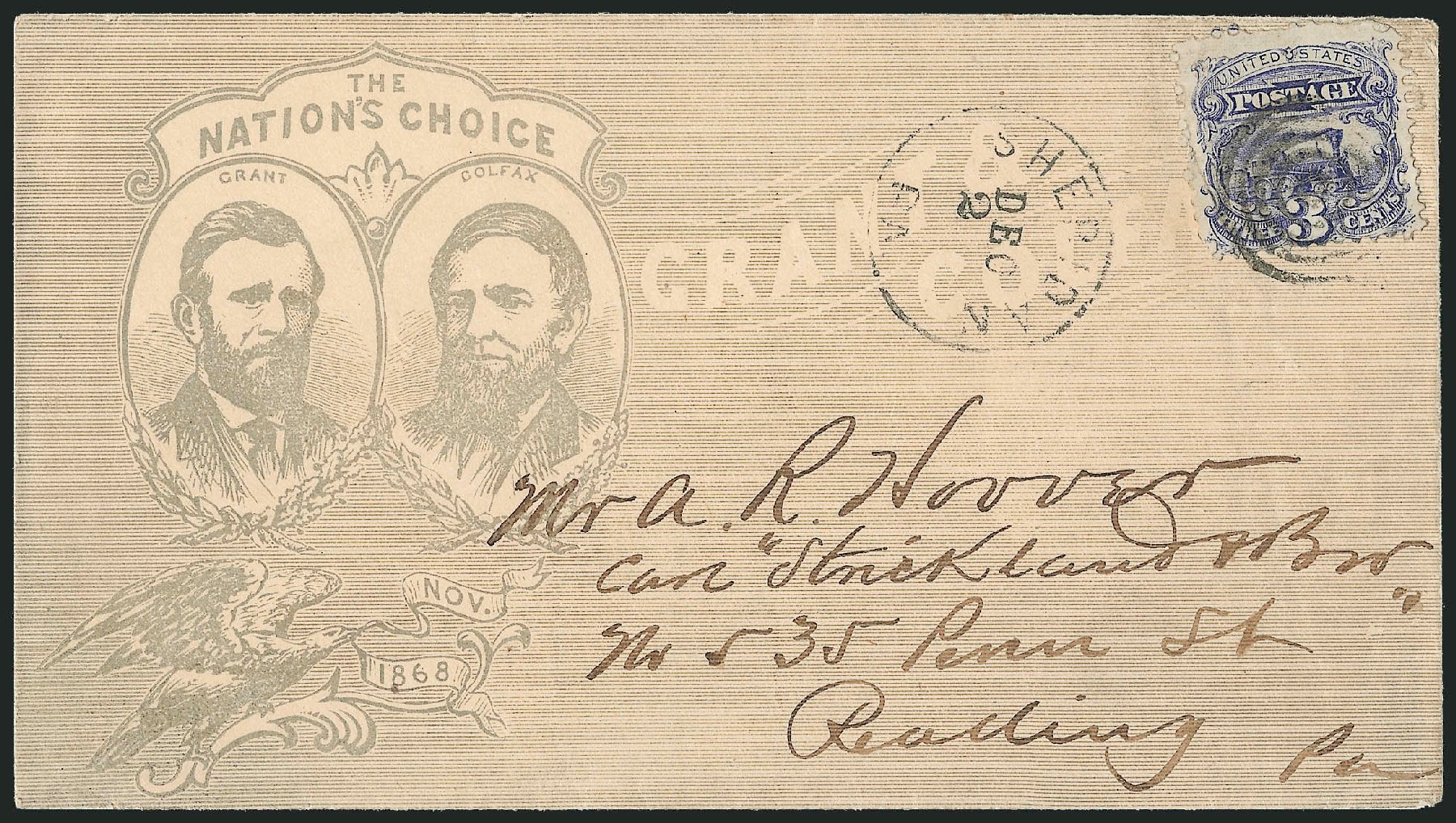 US Stamps Values Scott Catalog # 114: 1869 3c Pictorial Locomotive. Robert Siegel Auction Galleries, Mar 2011, Sale 1004, Lot 72