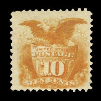 Value of US Stamp Scott # 116: 1869 10c Pictorial Shield Eagle. Cherrystone Auctions, Mar 2010, Sale 201003, Lot 90