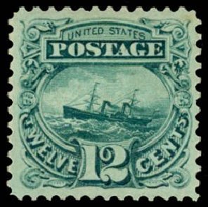 Cost of US Stamps Scott 117 - 1869 12c Pictorial S.S. Adriatic. Daniel Kelleher Auctions, May 2014, Sale 653, Lot 2100