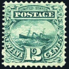 Values of US Stamps Scott 117 - 1869 12c Pictorial S.S. Adriatic. Harmer-Schau Auction Galleries, Apr 2009, Sale 81, Lot 546