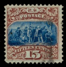Values of US Stamp Scott #118 - 1869 15c Pictorial Columbus. Daniel Kelleher Auctions, May 2014, Sale 652, Lot 245