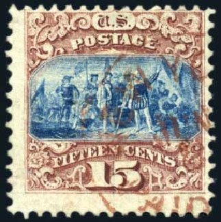 US Stamp Values Scott # 118: 1869 15c Pictorial Columbus. Harmer-Schau Auction Galleries, Feb 2009, Sale 80, Lot 1143