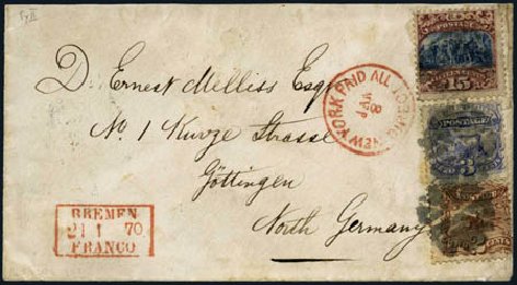 US Stamps Price Scott Cat. #119 - 15c 1869 Pictorial Columbus. Harmer-Schau Auction Galleries, Jan 2013, Sale 96, Lot 472