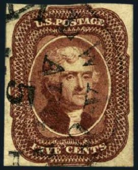 US Stamps Prices Scott Catalog #12 - 1856 5c Jefferson. Harmer-Schau Auction Galleries, Jan 2013, Sale 96, Lot 407