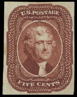 Values of US Stamps Scott #12: 5c 1856 Jefferson. Daniel Kelleher Auctions, Apr 2012, Sale 629, Lot 157