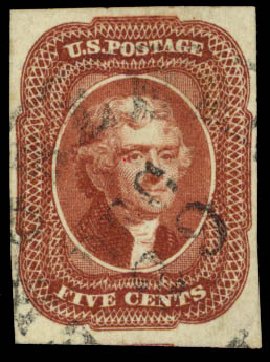 US Stamp Values Scott Catalog 12 - 5c 1856 Jefferson. Daniel Kelleher Auctions, Sep 2013, Sale 639, Lot 1007