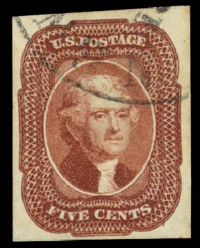 Cost of US Stamps Scott Cat. 12 - 1856 5c Jefferson. Daniel Kelleher Auctions, Oct 2014, Sale 660, Lot 2037