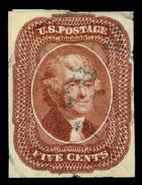US Stamps Value Scott Catalog # 12: 1856 5c Jefferson. Daniel Kelleher Auctions, Jan 2015, Sale 663, Lot 1227