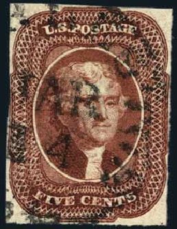 US Stamp Values Scott Catalog #12: 1856 5c Jefferson. Harmer-Schau Auction Galleries, Nov 2014, Sale 103, Lot 88