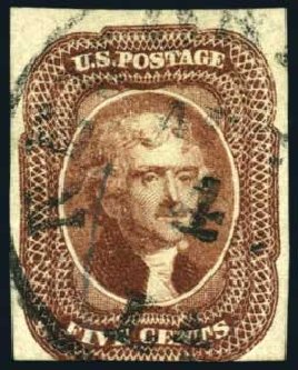 US Stamps Values Scott Cat. # 12 - 1856 5c Jefferson. Harmer-Schau Auction Galleries, Oct 2008, Sale 79, Lot 28