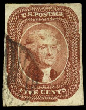 Prices of US Stamp Scott Cat. 12 - 1856 5c Jefferson. Daniel Kelleher Auctions, Aug 2015, Sale 672, Lot 2148
