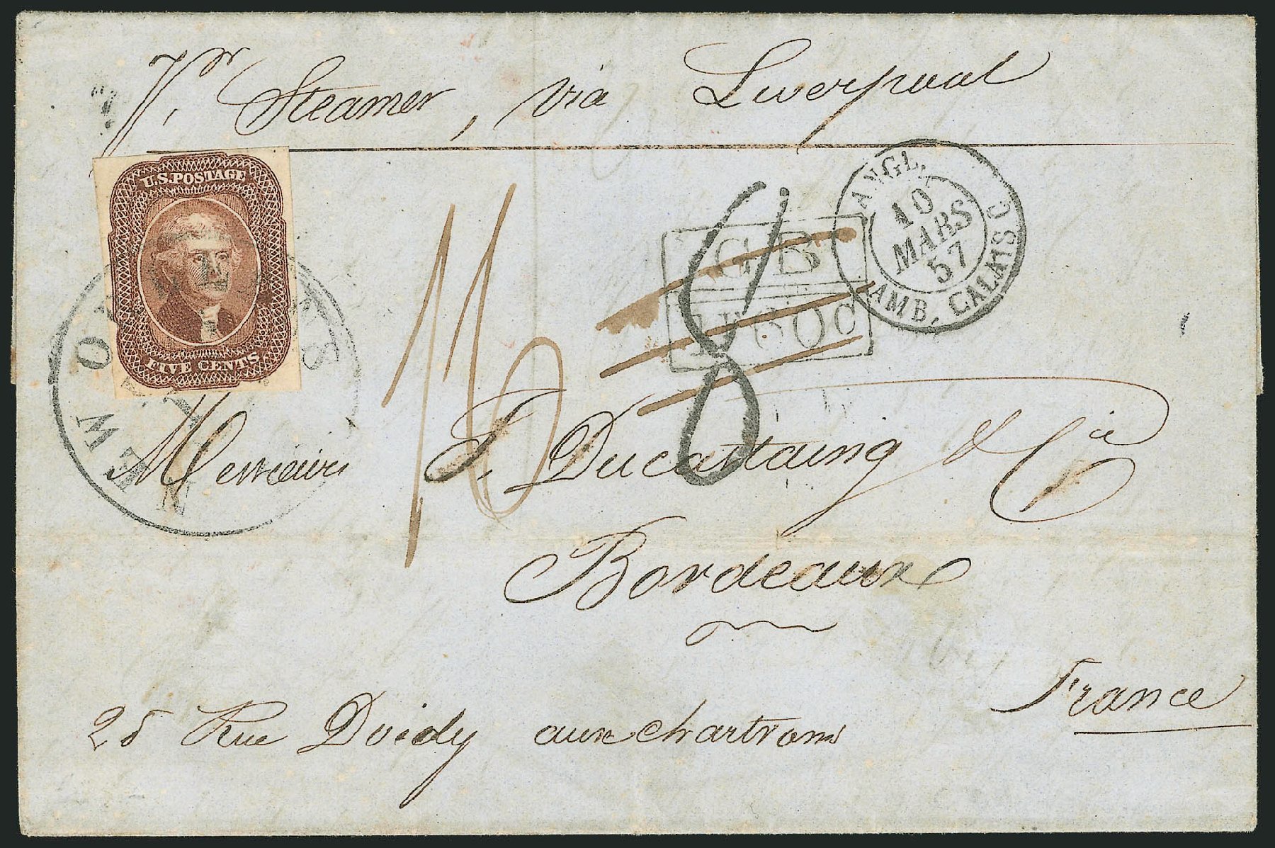 US Stamp Values Scott Catalog 12: 1856 5c Jefferson. Robert Siegel Auction Galleries, Dec 2010, Sale 1002, Lot 3718