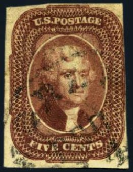 US Stamp Prices Scott #12: 1856 5c Jefferson. Harmer-Schau Auction Galleries, Jan 2013, Sale 96, Lot 409