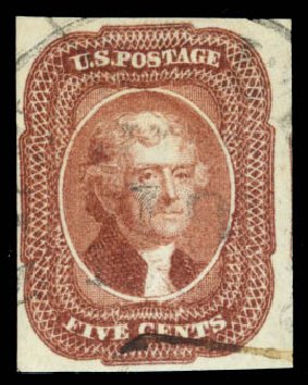 US Stamp Value Scott Catalog #12: 5c 1856 Jefferson. Daniel Kelleher Auctions, Oct 2014, Sale 660, Lot 2039