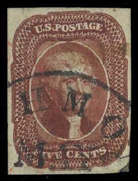 US Stamp Value Scott Catalogue # 12 - 5c 1856 Jefferson. Daniel Kelleher Auctions, Aug 2012, Sale 631, Lot 680
