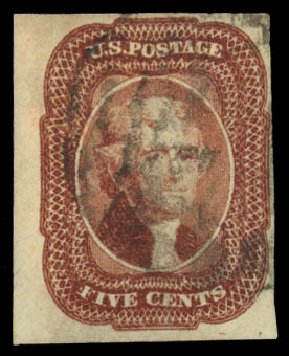 US Stamp Values Scott Catalogue #12 - 5c 1856 Jefferson. Daniel Kelleher Auctions, May 2014, Sale 652, Lot 70