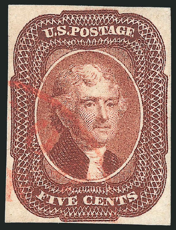 US Stamps Values Scott Catalog 12 - 1856 5c Jefferson. Robert Siegel Auction Galleries, Oct 2011, Sale 1014, Lot 1060