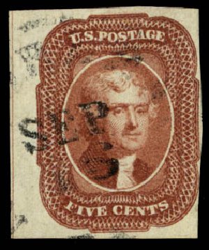 US Stamps Value Scott Cat. #12: 5c 1856 Jefferson. Daniel Kelleher Auctions, May 2014, Sale 652, Lot 71