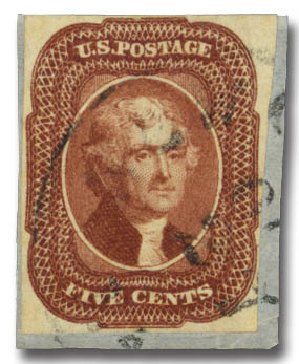 US Stamps Prices Scott #12: 1856 5c Jefferson. Daniel Kelleher Auctions, Dec 2014, Sale 661, Lot 31