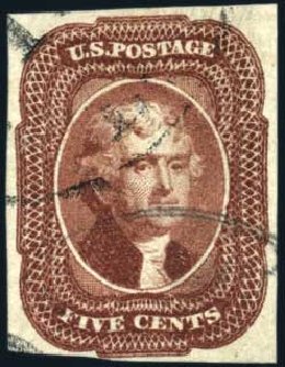 US Stamp Values Scott Catalogue #12: 5c 1856 Jefferson. Harmer-Schau Auction Galleries, Oct 2009, Sale 83, Lot 312