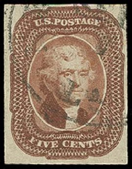 Values of US Stamps Scott Catalogue #12: 1856 5c Jefferson. H.R. Harmer, Oct 2014, Sale 3006, Lot 1032