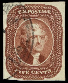 Values of US Stamp Scott Catalog #12 - 5c 1856 Jefferson. Daniel Kelleher Auctions, Dec 2013, Sale 640, Lot 42