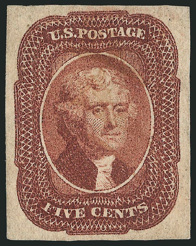 US Stamp Values Scott Cat. # 12 - 1856 5c Jefferson. Robert Siegel Auction Galleries, Nov 2013, Sale 1061, Lot 3382