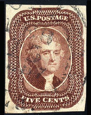 Values of US Stamp Scott # 12: 5c 1856 Jefferson. Cherrystone Auctions, Apr 2012, Sale 201204, Lot 23