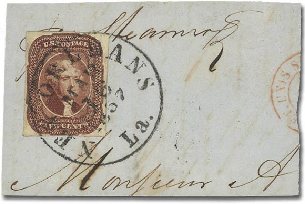 US Stamp Values Scott Catalog 12 - 1856 5c Jefferson. Daniel Kelleher Auctions, Oct 2012, Sale 632, Lot 943