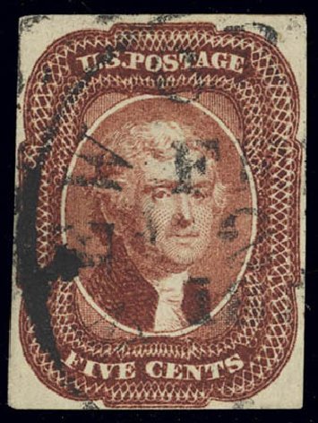 US Stamps Values Scott # 12: 5c 1856 Jefferson. Daniel Kelleher Auctions, Feb 2013, Sale 634, Lot 13