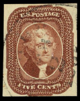 Value of US Stamp Scott Catalog # 12: 1856 5c Jefferson. Daniel Kelleher Auctions, Sep 2013, Sale 639, Lot 3123