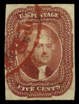 Values of US Stamps Scott Cat. #12: 1856 5c Jefferson. Daniel Kelleher Auctions, Dec 2013, Sale 640, Lot 43